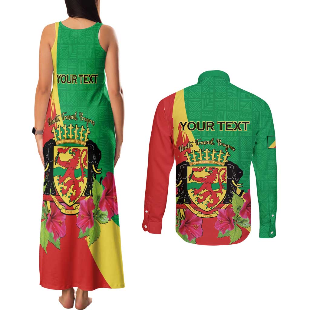 Personalized Congo Brazzaville National Day Couples Matching Tank Maxi Dress and Long Sleeve Button Shirt Coat Of Arms Hibiscus Flower - Wonder Print Shop