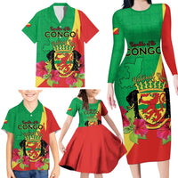 Personalized Congo Brazzaville National Day Family Matching Long Sleeve Bodycon Dress and Hawaiian Shirt Coat Of Arms Hibiscus Flower - Wonder Print Shop