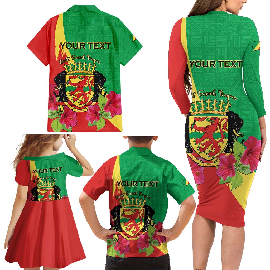 Personalized Congo Brazzaville National Day Family Matching Long Sleeve Bodycon Dress and Hawaiian Shirt Coat Of Arms Hibiscus Flower - Wonder Print Shop