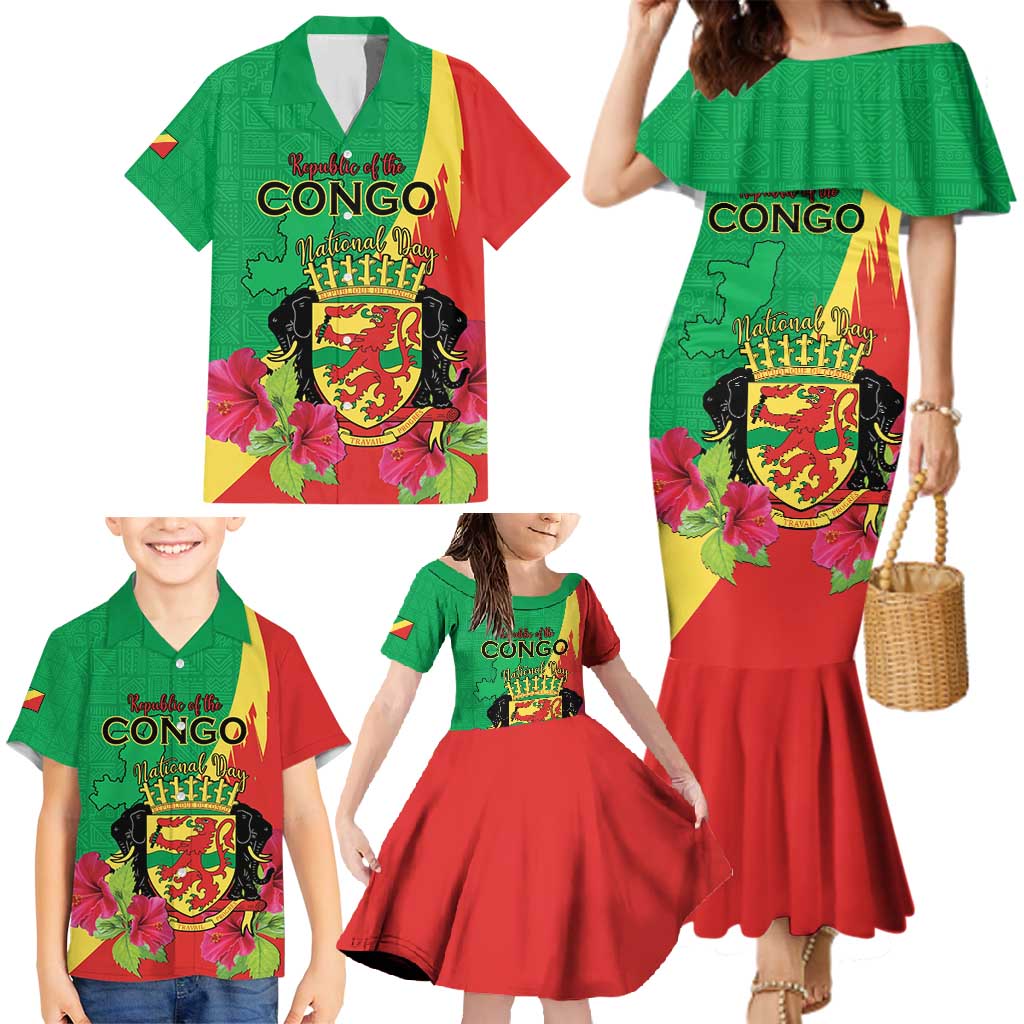 Personalized Congo Brazzaville National Day Family Matching Mermaid Dress and Hawaiian Shirt Coat Of Arms Hibiscus Flower - Wonder Print Shop