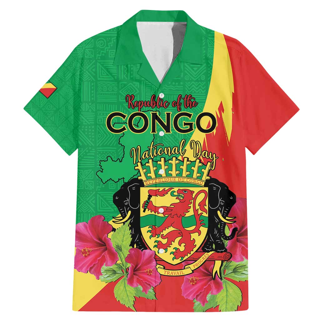 Personalized Congo Brazzaville National Day Family Matching Mermaid Dress and Hawaiian Shirt Coat Of Arms Hibiscus Flower - Wonder Print Shop