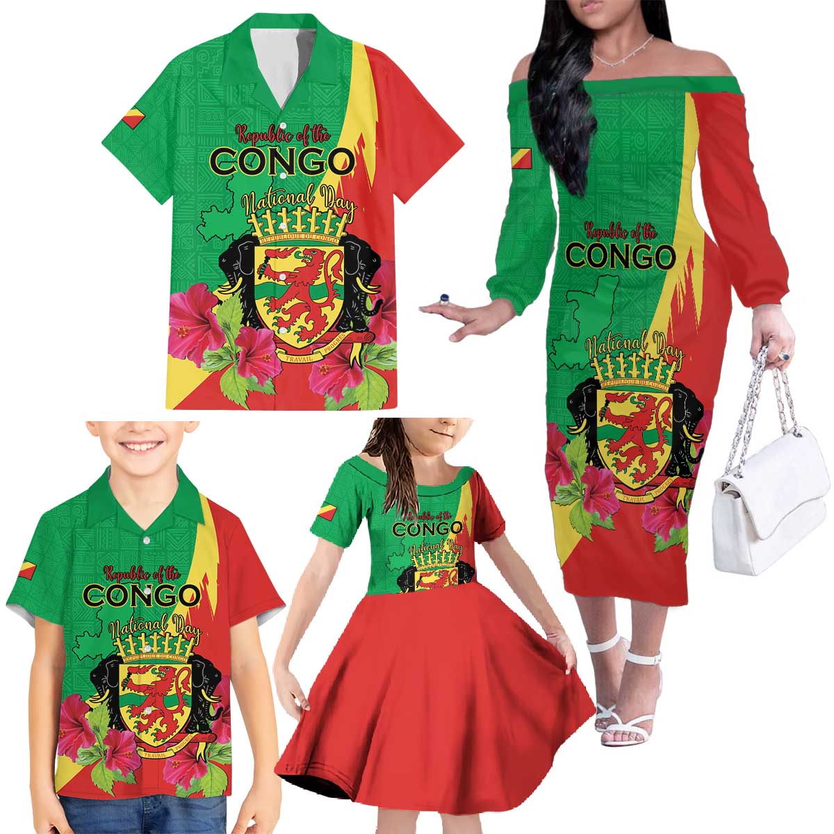 Personalized Congo Brazzaville National Day Family Matching Off The Shoulder Long Sleeve Dress and Hawaiian Shirt Coat Of Arms Hibiscus Flower - Wonder Print Shop