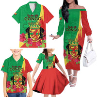 Personalized Congo Brazzaville National Day Family Matching Off The Shoulder Long Sleeve Dress and Hawaiian Shirt Coat Of Arms Hibiscus Flower - Wonder Print Shop