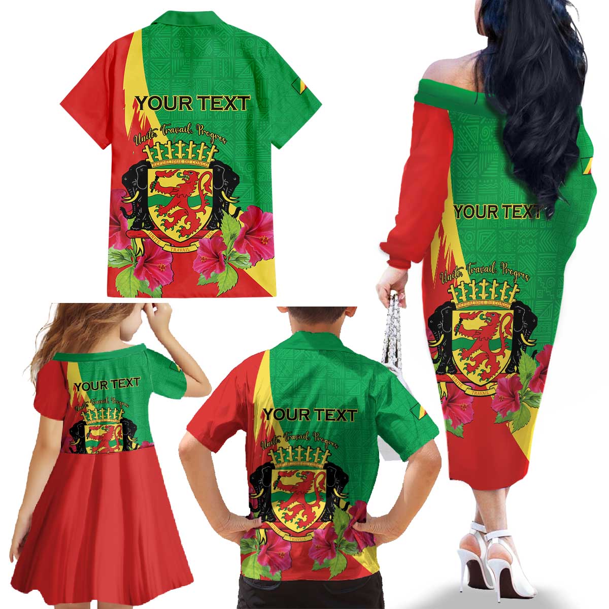 Personalized Congo Brazzaville National Day Family Matching Off The Shoulder Long Sleeve Dress and Hawaiian Shirt Coat Of Arms Hibiscus Flower - Wonder Print Shop