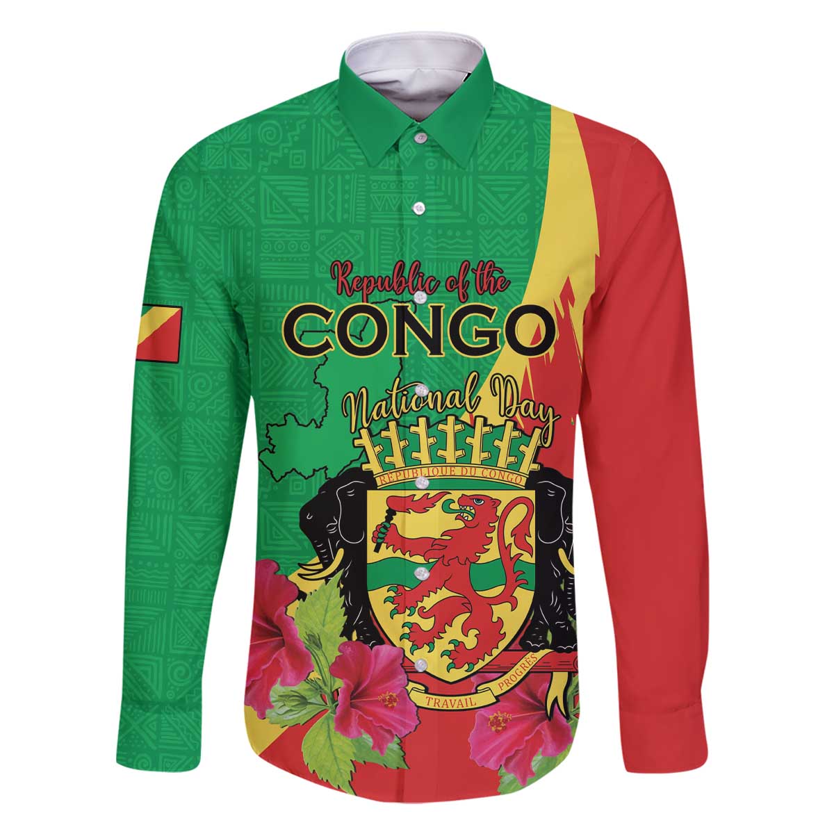 Personalized Congo Brazzaville National Day Family Matching Off The Shoulder Long Sleeve Dress and Hawaiian Shirt Coat Of Arms Hibiscus Flower - Wonder Print Shop