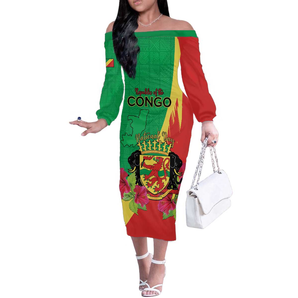Personalized Congo Brazzaville National Day Family Matching Off The Shoulder Long Sleeve Dress and Hawaiian Shirt Coat Of Arms Hibiscus Flower - Wonder Print Shop