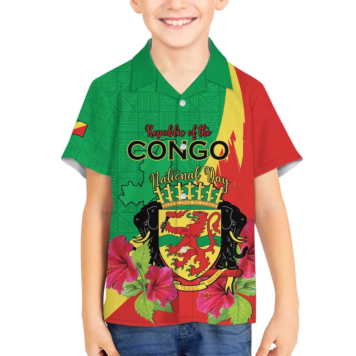Personalized Congo Brazzaville National Day Family Matching Off The Shoulder Long Sleeve Dress and Hawaiian Shirt Coat Of Arms Hibiscus Flower - Wonder Print Shop