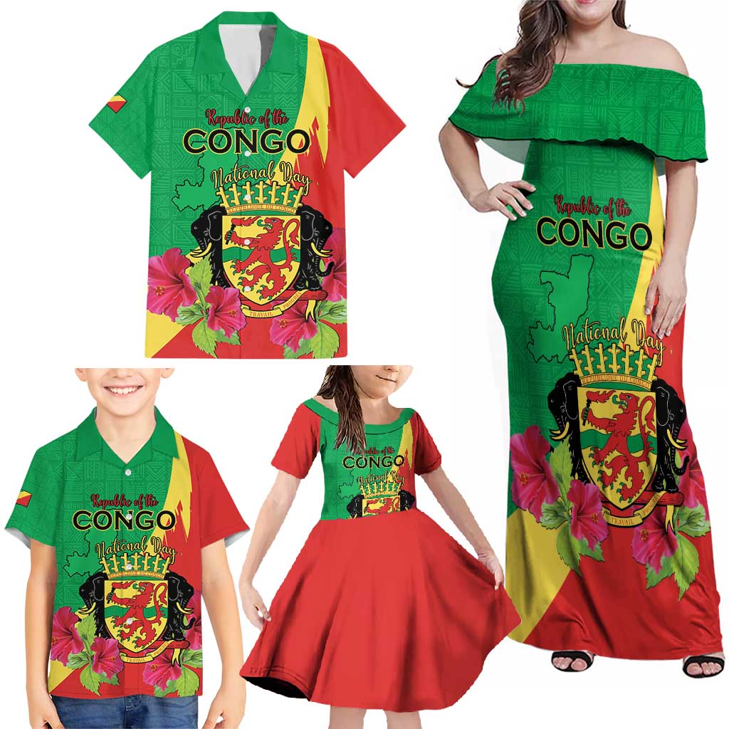 Personalized Congo Brazzaville National Day Family Matching Off Shoulder Maxi Dress and Hawaiian Shirt Coat Of Arms Hibiscus Flower - Wonder Print Shop