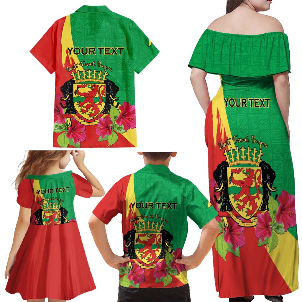 Personalized Congo Brazzaville National Day Family Matching Off Shoulder Maxi Dress and Hawaiian Shirt Coat Of Arms Hibiscus Flower - Wonder Print Shop