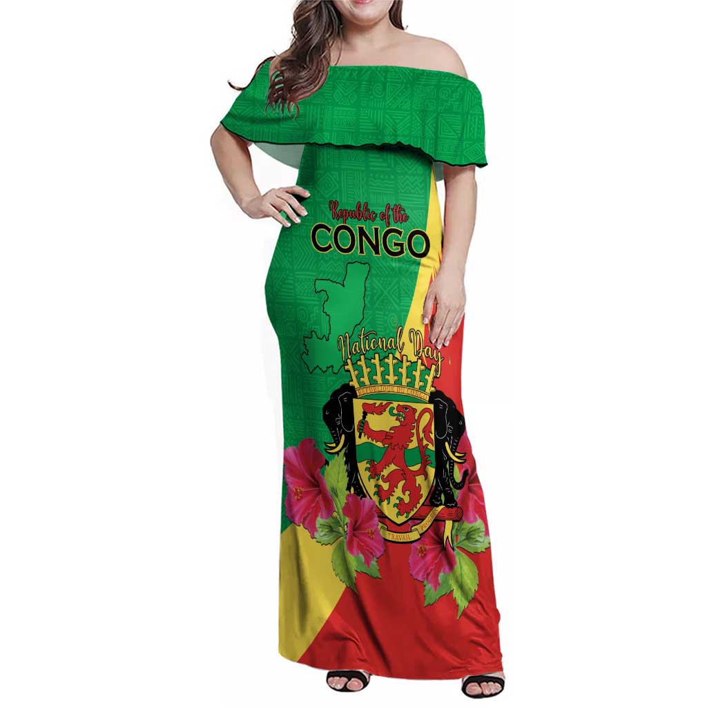 Personalized Congo Brazzaville National Day Family Matching Off Shoulder Maxi Dress and Hawaiian Shirt Coat Of Arms Hibiscus Flower - Wonder Print Shop