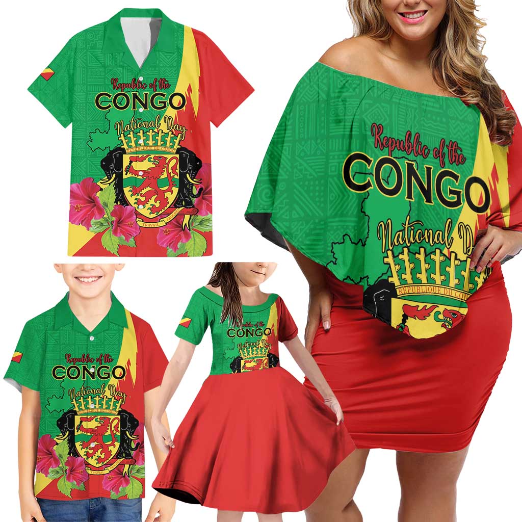 Personalized Congo Brazzaville National Day Family Matching Off Shoulder Short Dress and Hawaiian Shirt Coat Of Arms Hibiscus Flower - Wonder Print Shop