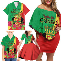 Personalized Congo Brazzaville National Day Family Matching Off Shoulder Short Dress and Hawaiian Shirt Coat Of Arms Hibiscus Flower - Wonder Print Shop