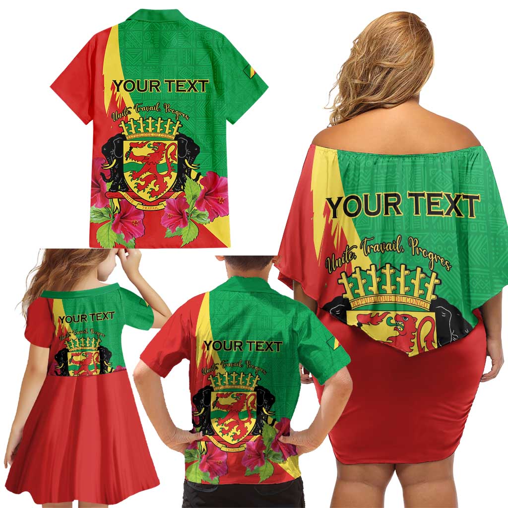 Personalized Congo Brazzaville National Day Family Matching Off Shoulder Short Dress and Hawaiian Shirt Coat Of Arms Hibiscus Flower - Wonder Print Shop