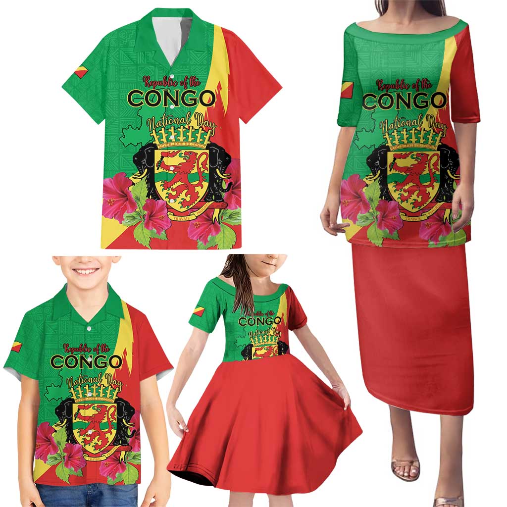 Personalized Congo Brazzaville National Day Family Matching Puletasi and Hawaiian Shirt Coat Of Arms Hibiscus Flower - Wonder Print Shop