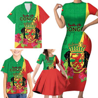 Personalized Congo Brazzaville National Day Family Matching Short Sleeve Bodycon Dress and Hawaiian Shirt Coat Of Arms Hibiscus Flower - Wonder Print Shop
