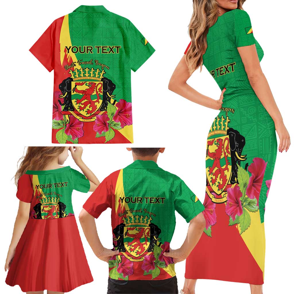Personalized Congo Brazzaville National Day Family Matching Short Sleeve Bodycon Dress and Hawaiian Shirt Coat Of Arms Hibiscus Flower - Wonder Print Shop