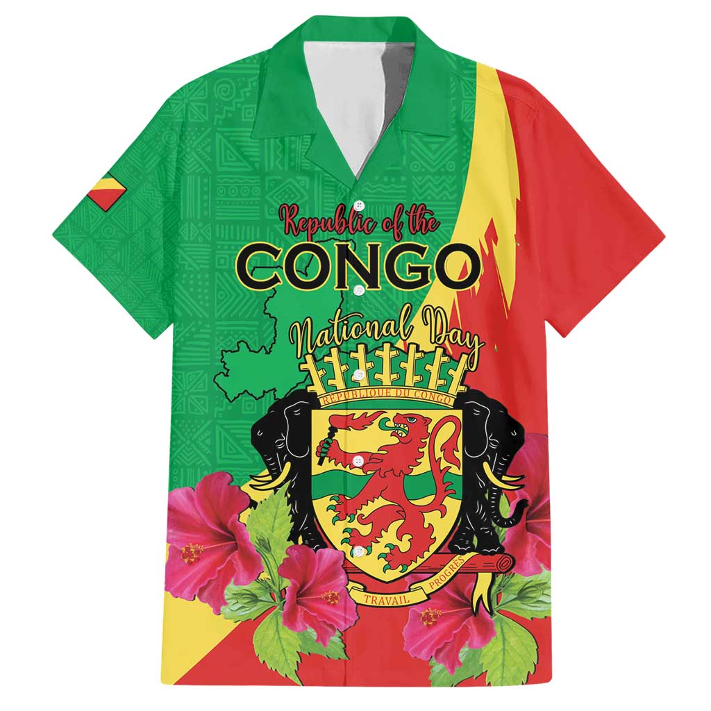 Personalized Congo Brazzaville National Day Family Matching Short Sleeve Bodycon Dress and Hawaiian Shirt Coat Of Arms Hibiscus Flower - Wonder Print Shop