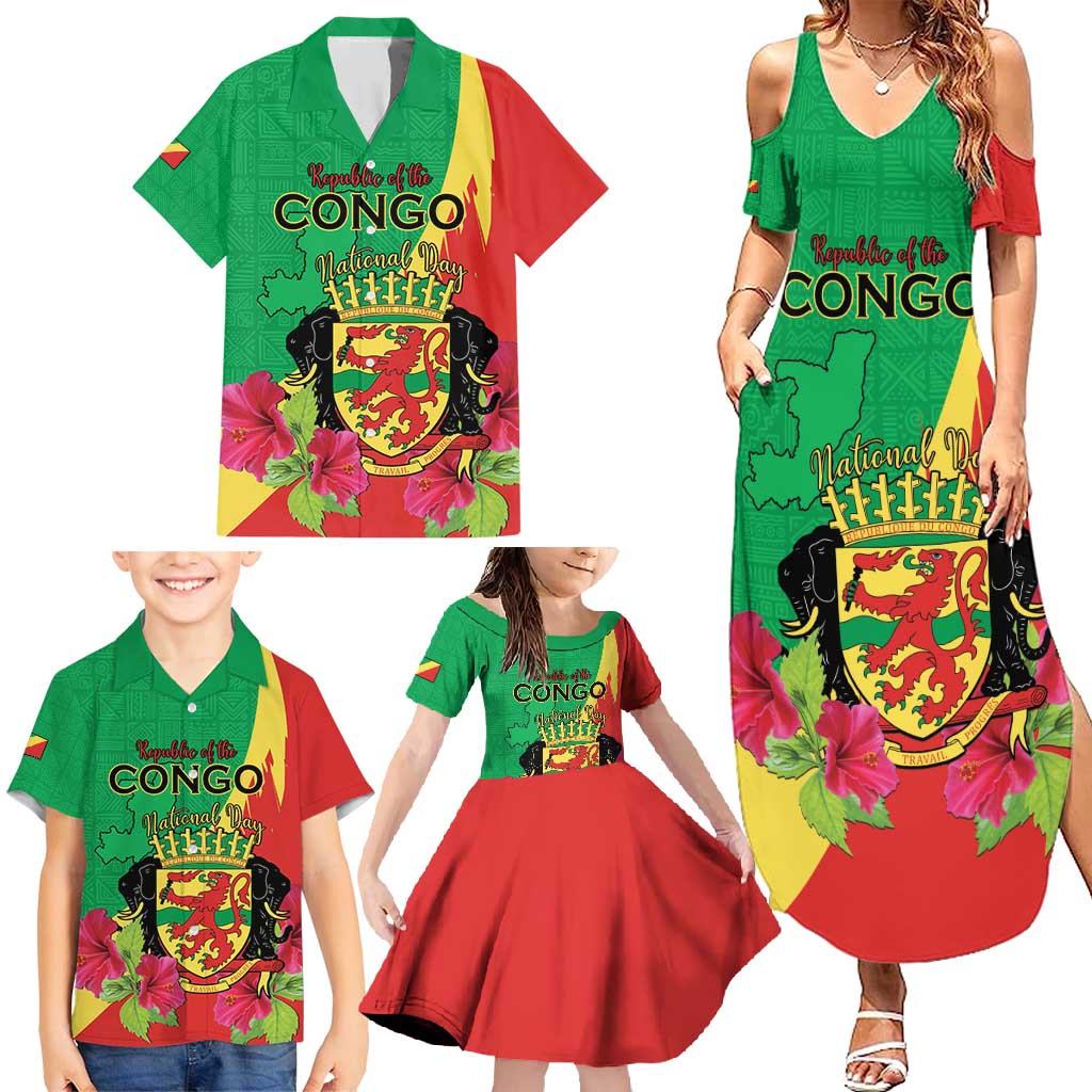 Personalized Congo Brazzaville National Day Family Matching Summer Maxi Dress and Hawaiian Shirt Coat Of Arms Hibiscus Flower - Wonder Print Shop