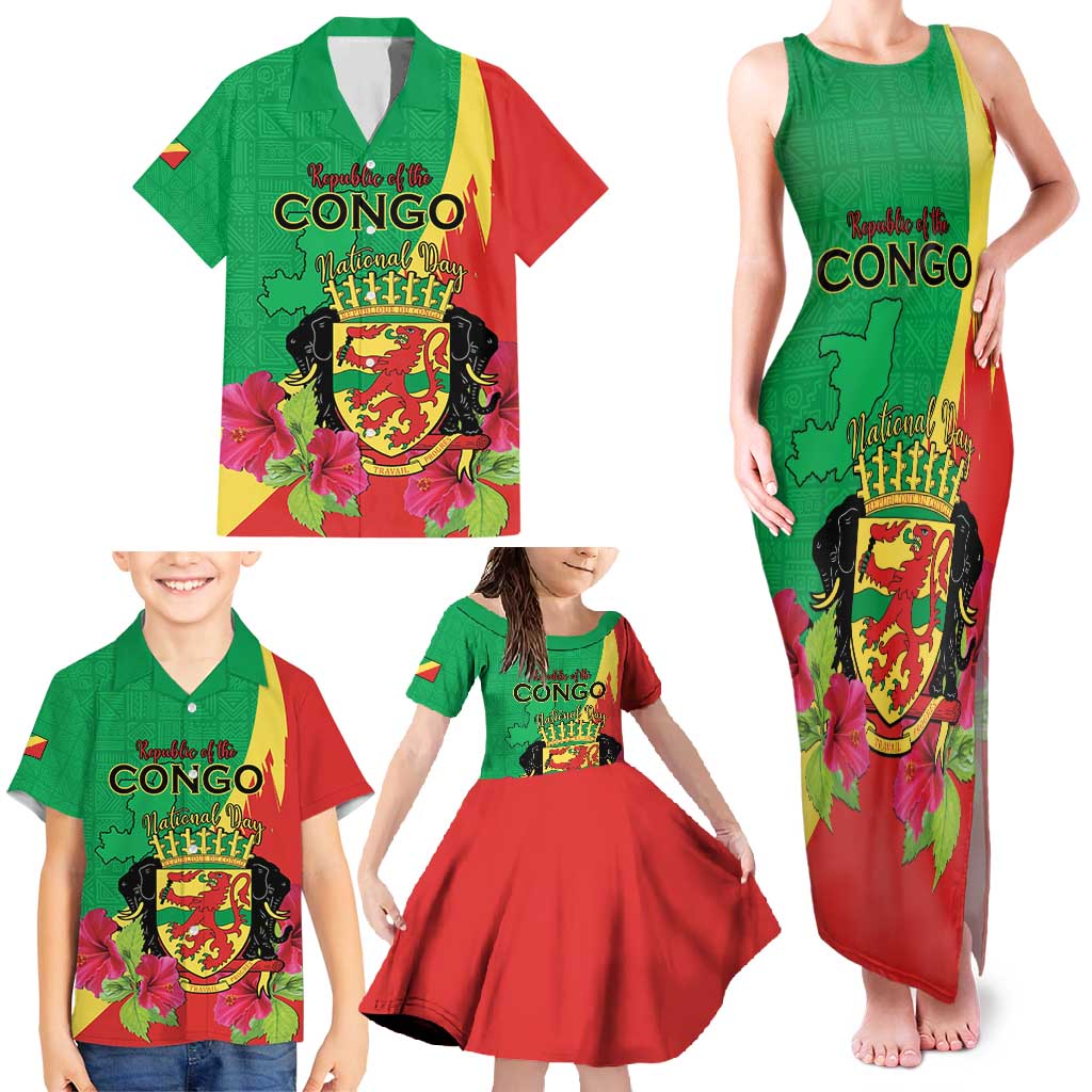 Personalized Congo Brazzaville National Day Family Matching Tank Maxi Dress and Hawaiian Shirt Coat Of Arms Hibiscus Flower - Wonder Print Shop