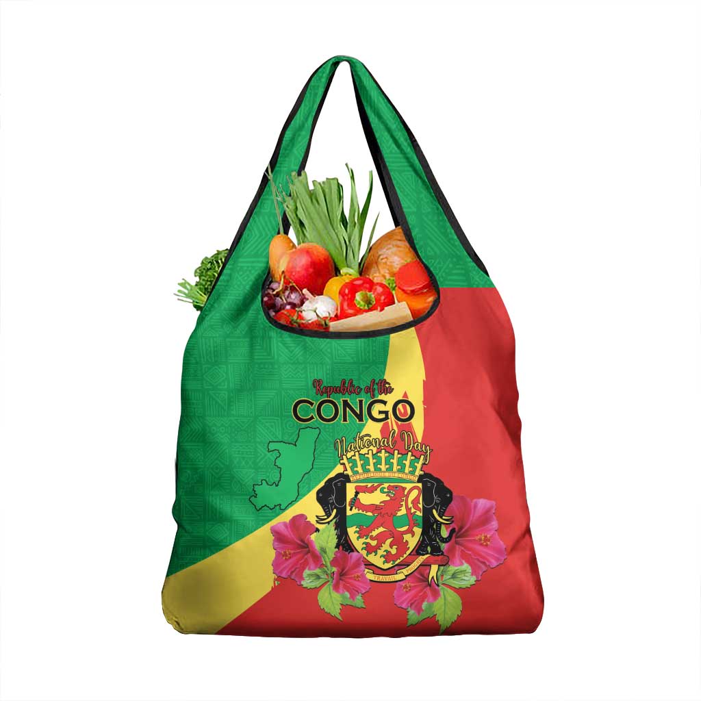 Personalized Congo Brazzaville National Day Grocery Bag Coat Of Arms Hibiscus Flower - Wonder Print Shop