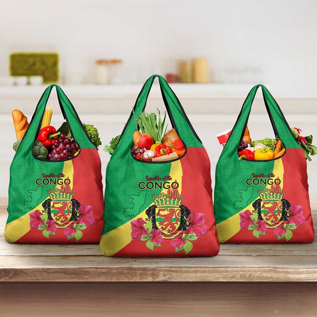 Personalized Congo Brazzaville National Day Grocery Bag Coat Of Arms Hibiscus Flower - Wonder Print Shop