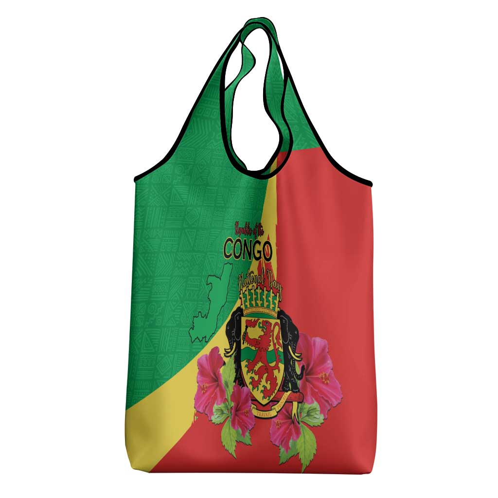 Personalized Congo Brazzaville National Day Grocery Bag Coat Of Arms Hibiscus Flower - Wonder Print Shop