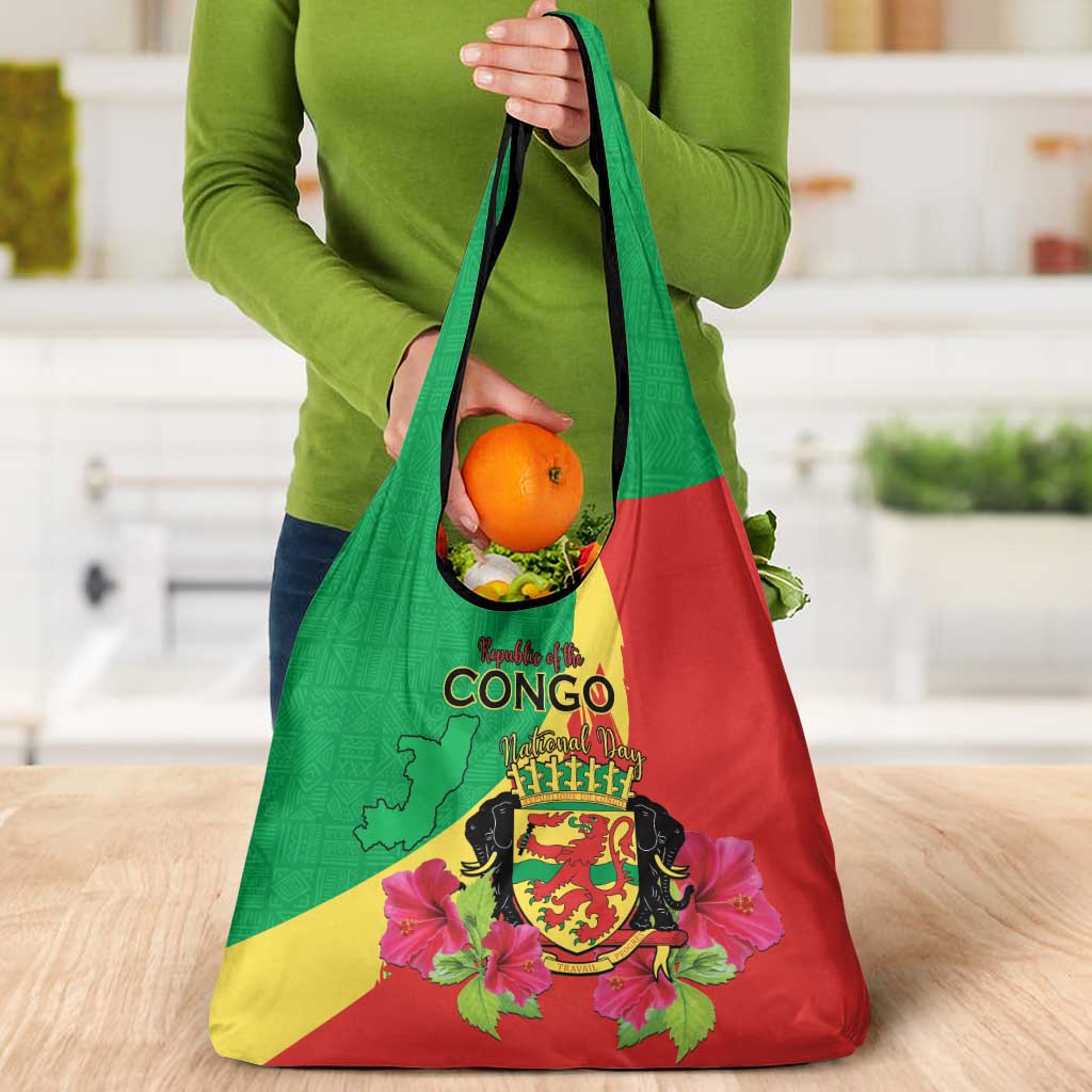 Personalized Congo Brazzaville National Day Grocery Bag Coat Of Arms Hibiscus Flower - Wonder Print Shop