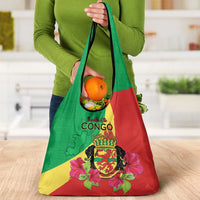 Personalized Congo Brazzaville National Day Grocery Bag Coat Of Arms Hibiscus Flower - Wonder Print Shop