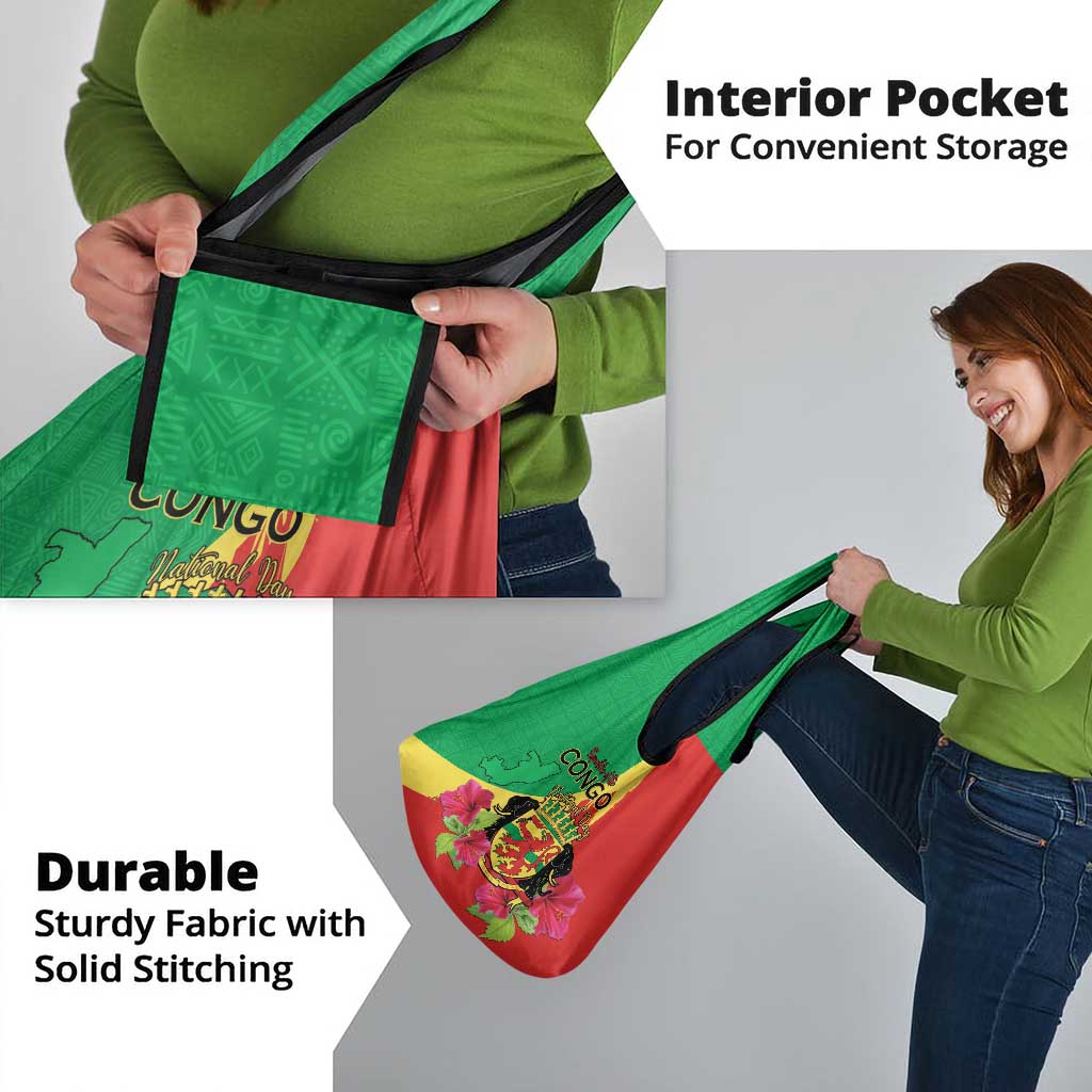 Personalized Congo Brazzaville National Day Grocery Bag Coat Of Arms Hibiscus Flower - Wonder Print Shop