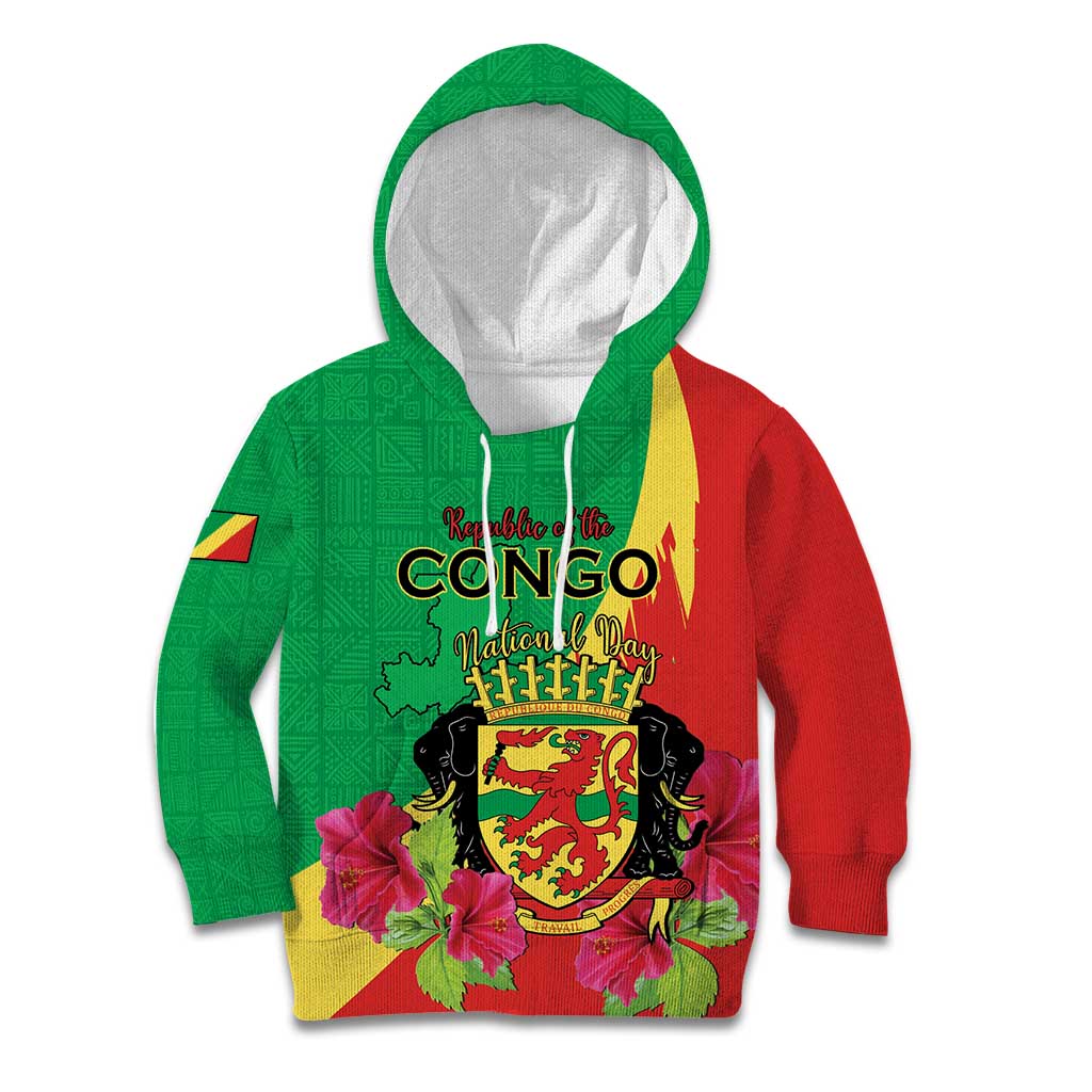 Personalized Congo Brazzaville National Day Kid Hoodie Coat Of Arms Hibiscus Flower - Wonder Print Shop