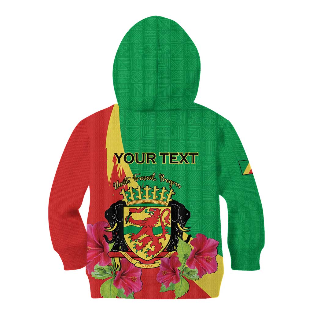 Personalized Congo Brazzaville National Day Kid Hoodie Coat Of Arms Hibiscus Flower - Wonder Print Shop