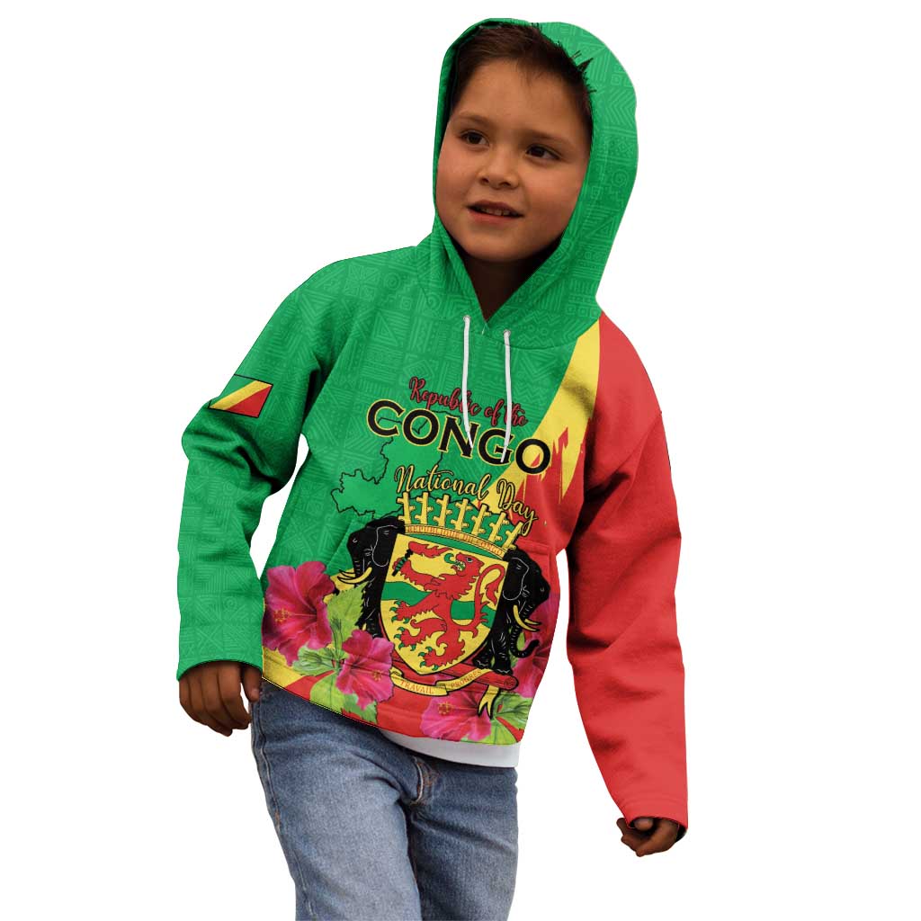 Personalized Congo Brazzaville National Day Kid Hoodie Coat Of Arms Hibiscus Flower - Wonder Print Shop