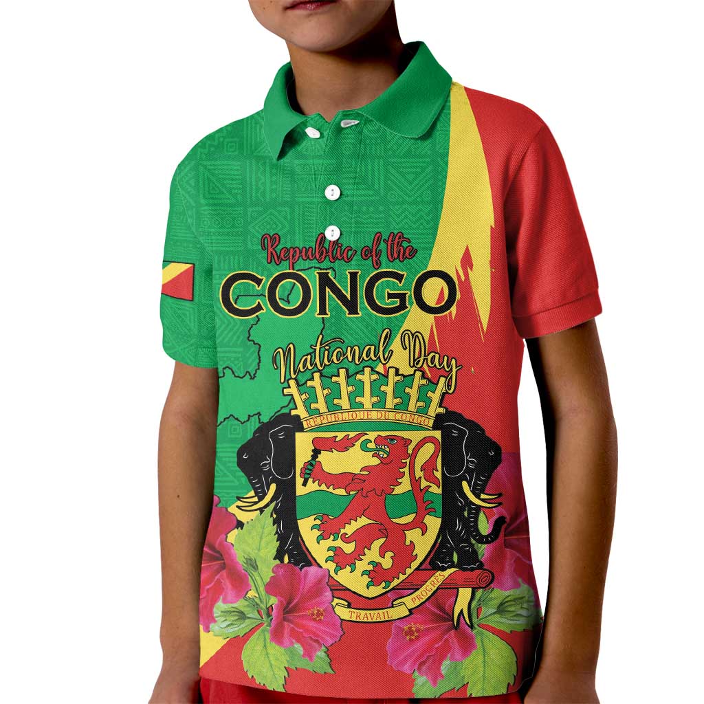 Personalized Congo Brazzaville National Day Kid Polo Shirt Coat Of Arms Hibiscus Flower - Wonder Print Shop