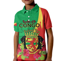 Personalized Congo Brazzaville National Day Kid Polo Shirt Coat Of Arms Hibiscus Flower - Wonder Print Shop