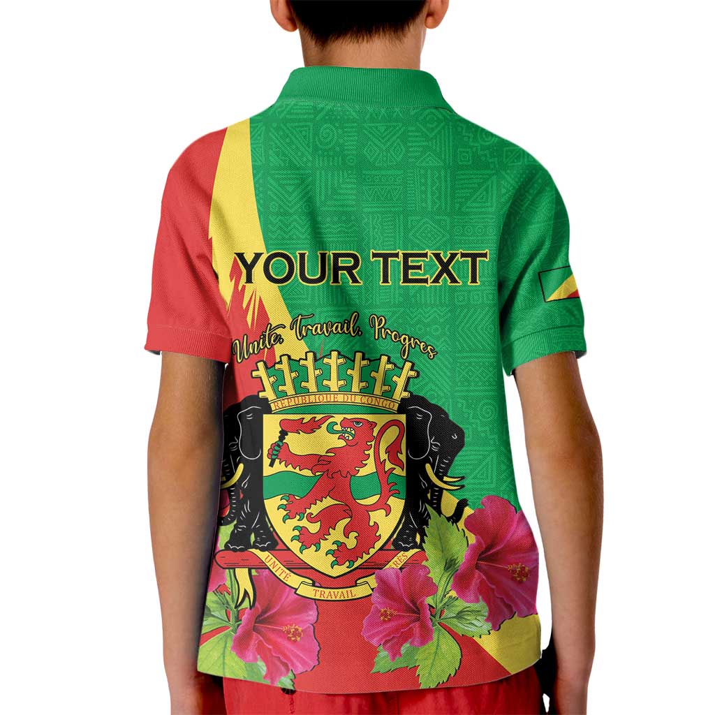 Personalized Congo Brazzaville National Day Kid Polo Shirt Coat Of Arms Hibiscus Flower - Wonder Print Shop