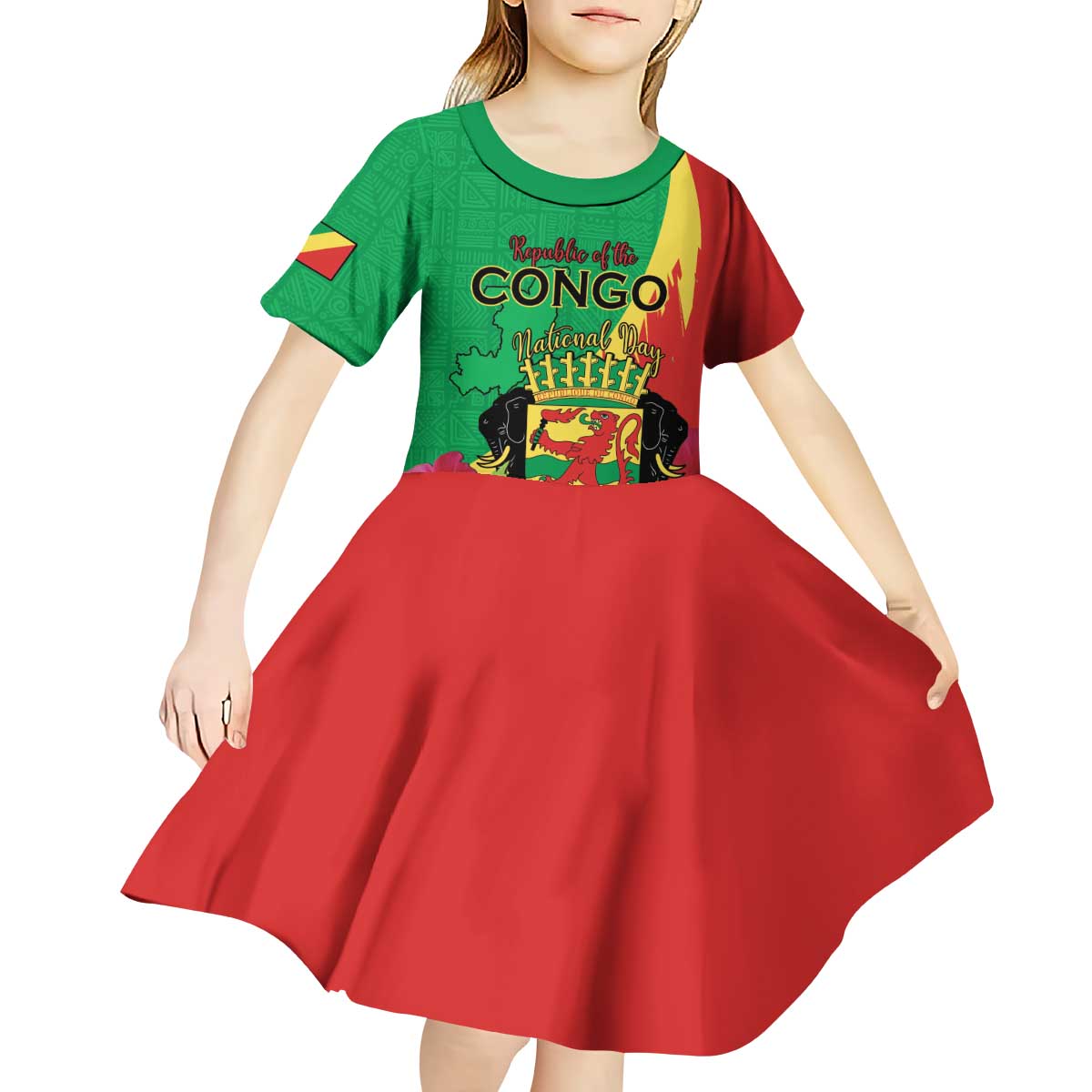 Personalized Congo Brazzaville National Day Kid Short Sleeve Dress Coat Of Arms Hibiscus Flower - Wonder Print Shop