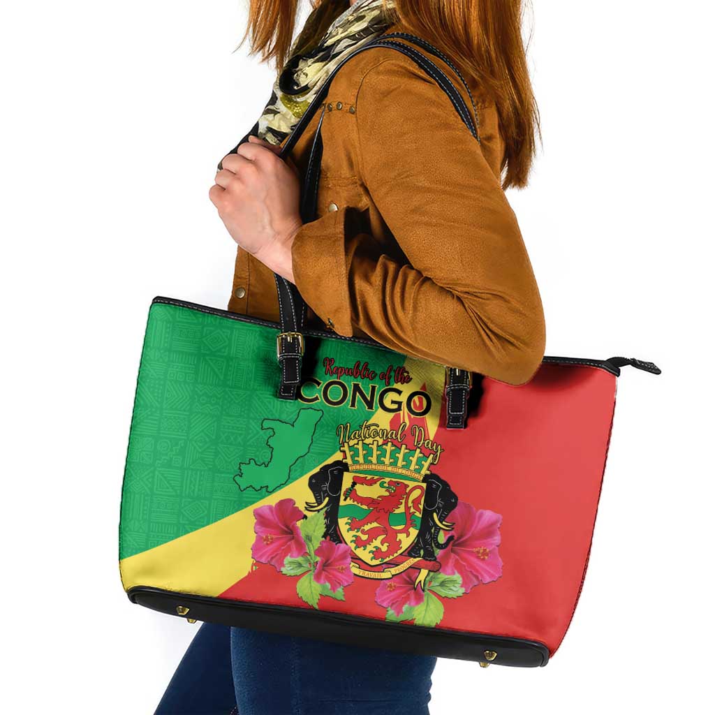 Personalized Congo Brazzaville National Day Leather Tote Bag Coat Of Arms Hibiscus Flower - Wonder Print Shop