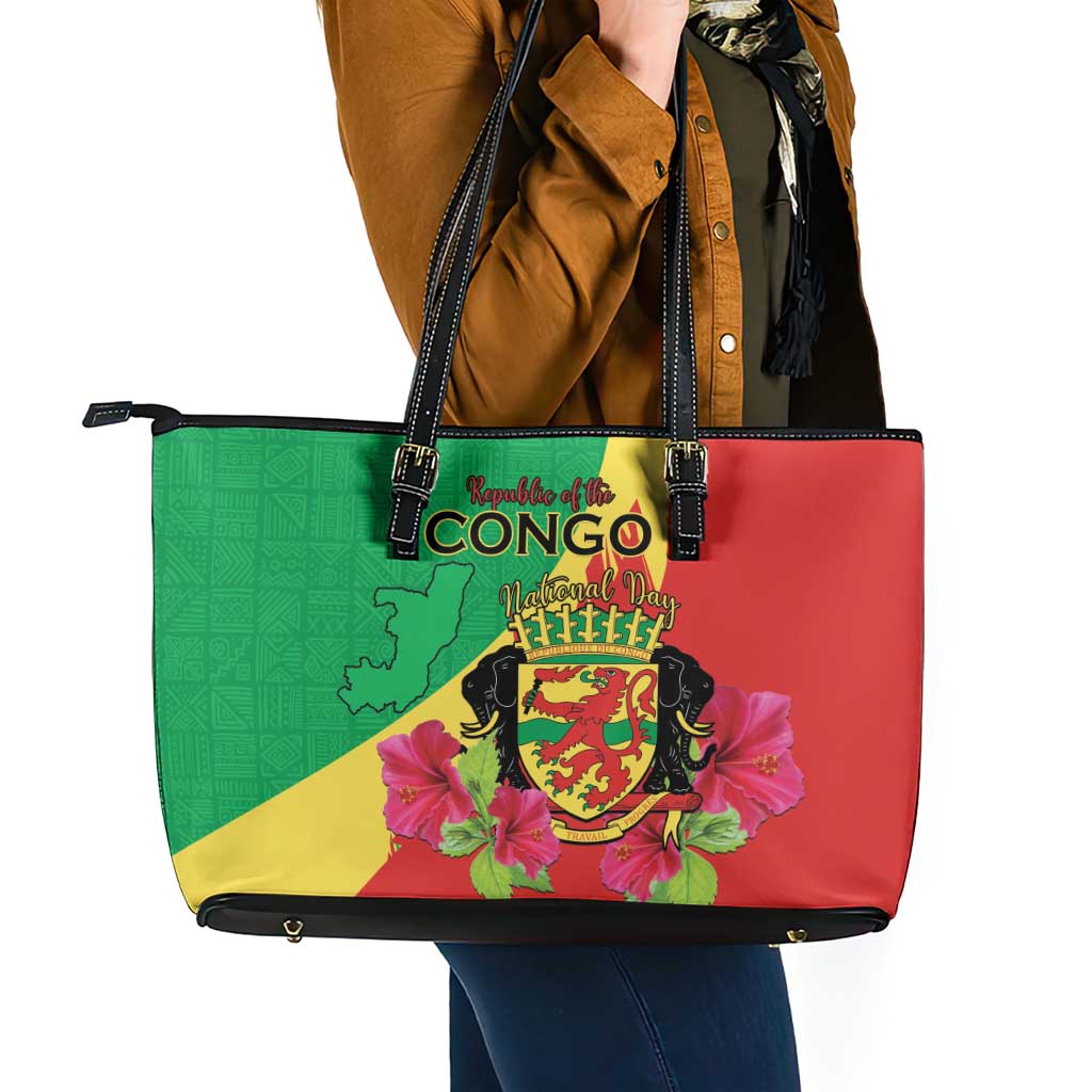 Personalized Congo Brazzaville National Day Leather Tote Bag Coat Of Arms Hibiscus Flower - Wonder Print Shop