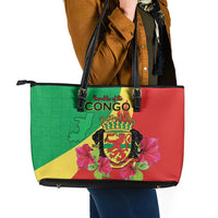 Personalized Congo Brazzaville National Day Leather Tote Bag Coat Of Arms Hibiscus Flower - Wonder Print Shop