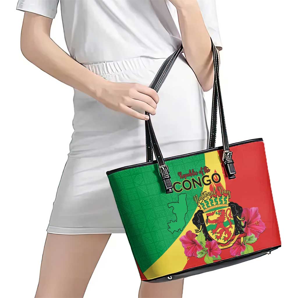 Personalized Congo Brazzaville National Day Leather Tote Bag Coat Of Arms Hibiscus Flower - Wonder Print Shop