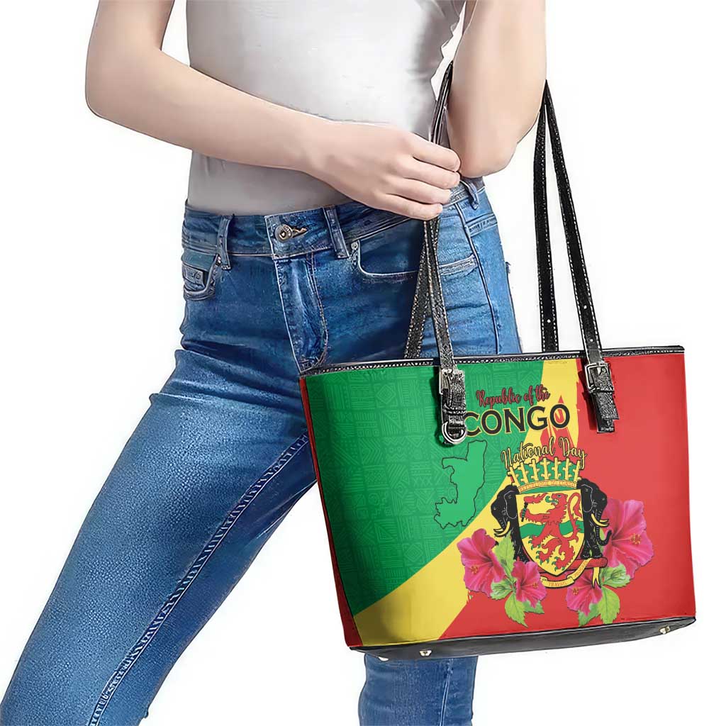 Personalized Congo Brazzaville National Day Leather Tote Bag Coat Of Arms Hibiscus Flower - Wonder Print Shop