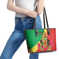Personalized Congo Brazzaville National Day Leather Tote Bag Coat Of Arms Hibiscus Flower - Wonder Print Shop