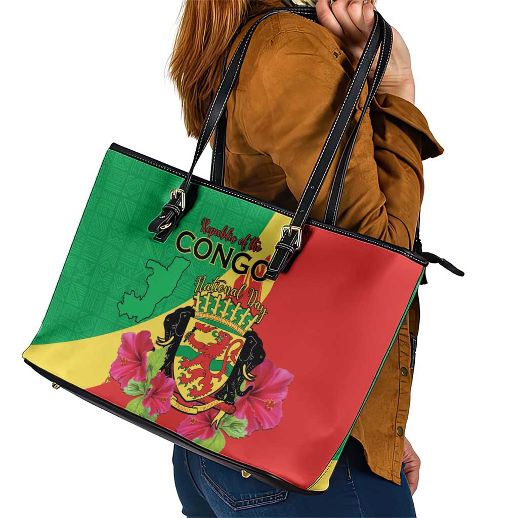 Personalized Congo Brazzaville National Day Leather Tote Bag Coat Of Arms Hibiscus Flower - Wonder Print Shop
