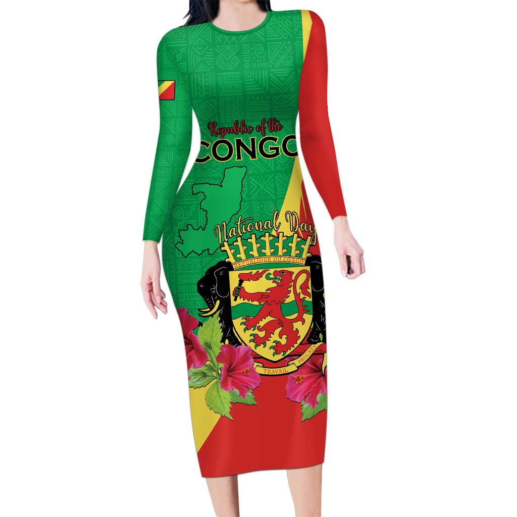 Personalized Congo Brazzaville National Day Long Sleeve Bodycon Dress Coat Of Arms Hibiscus Flower - Wonder Print Shop
