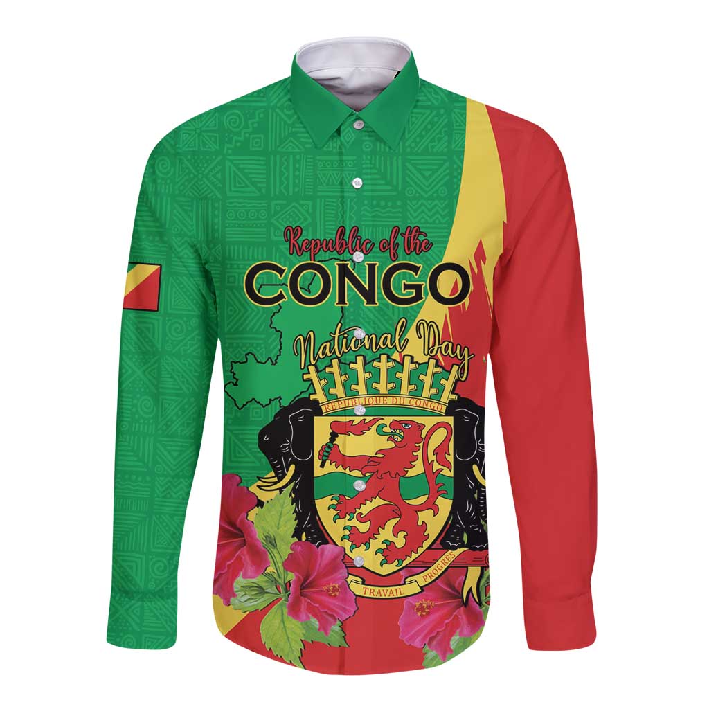 Personalized Congo Brazzaville National Day Long Sleeve Button Shirt Coat Of Arms Hibiscus Flower - Wonder Print Shop