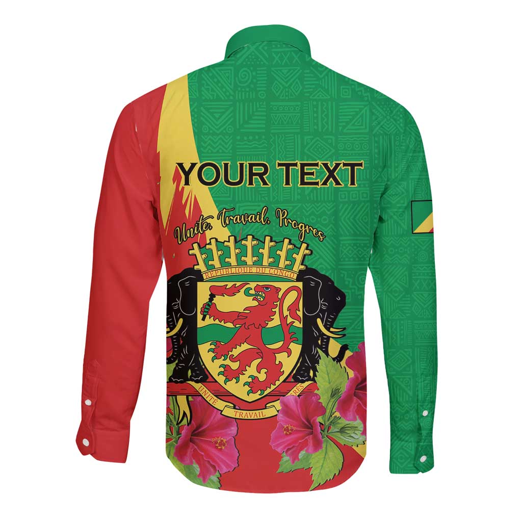 Personalized Congo Brazzaville National Day Long Sleeve Button Shirt Coat Of Arms Hibiscus Flower - Wonder Print Shop