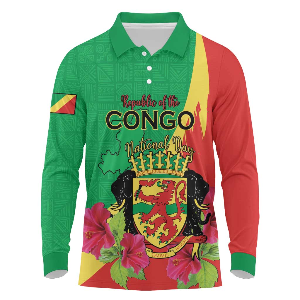 Personalized Congo Brazzaville National Day Long Sleeve Polo Shirt Coat Of Arms Hibiscus Flower - Wonder Print Shop
