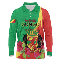 Personalized Congo Brazzaville National Day Long Sleeve Polo Shirt Coat Of Arms Hibiscus Flower - Wonder Print Shop