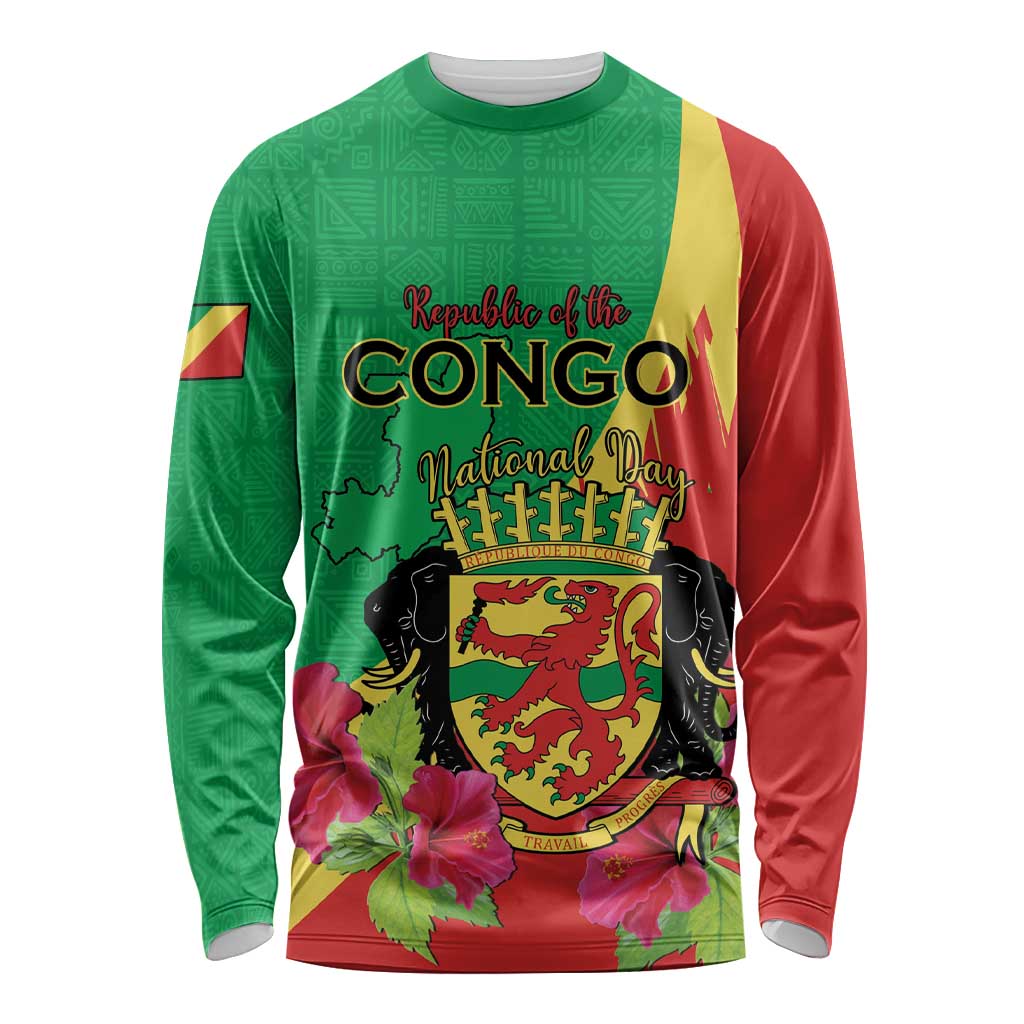 Personalized Congo Brazzaville National Day Long Sleeve Shirt Coat Of Arms Hibiscus Flower - Wonder Print Shop