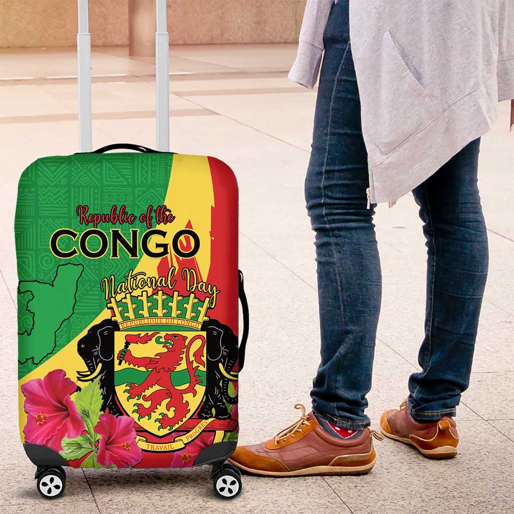 Personalized Congo Brazzaville National Day Luggage Cover Coat Of Arms Hibiscus Flower - Wonder Print Shop